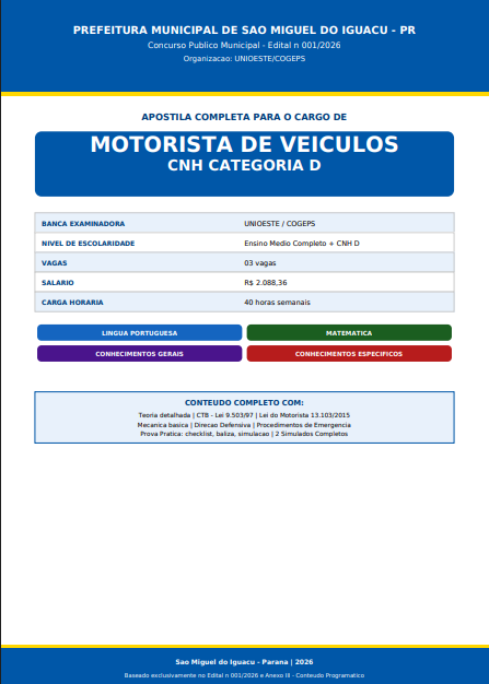 Capa da apostila Motorista de Veículos CNH D SMI 2026
